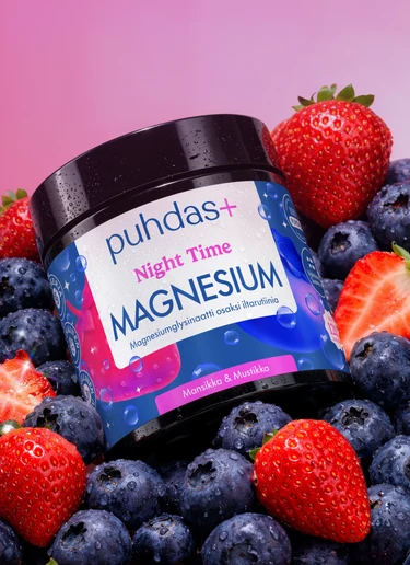 Puhdas+ Night Time magneesiumipulber maasika-mustika maitsega 80 g