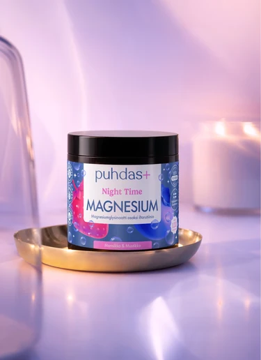 Puhdas+ Night Time magneesiumipulber maasika-mustika maitsega 80 g