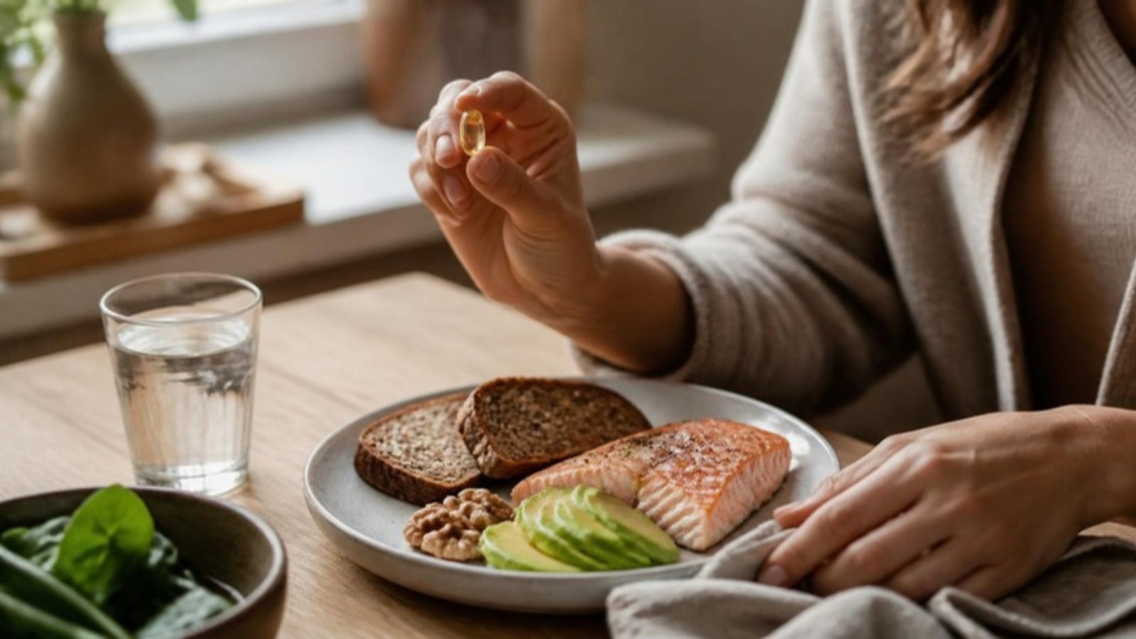 Hommikusöök lõhe ja omega-3 kapsliga