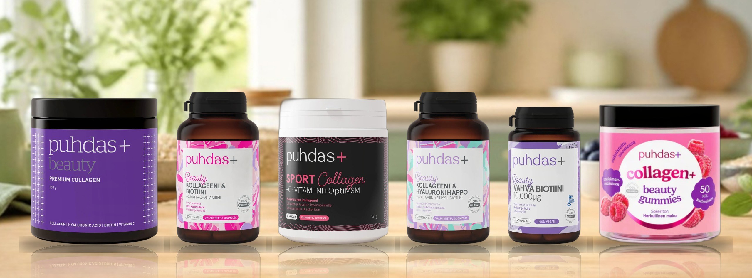 Puhdas+ kolagēna un biotīna produkti