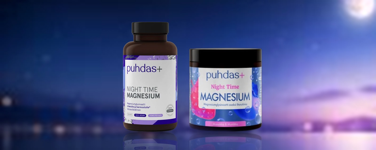 Puhdas+ Öine magneesium ja Night Time magneesiumipulber (bisglütsinaat)