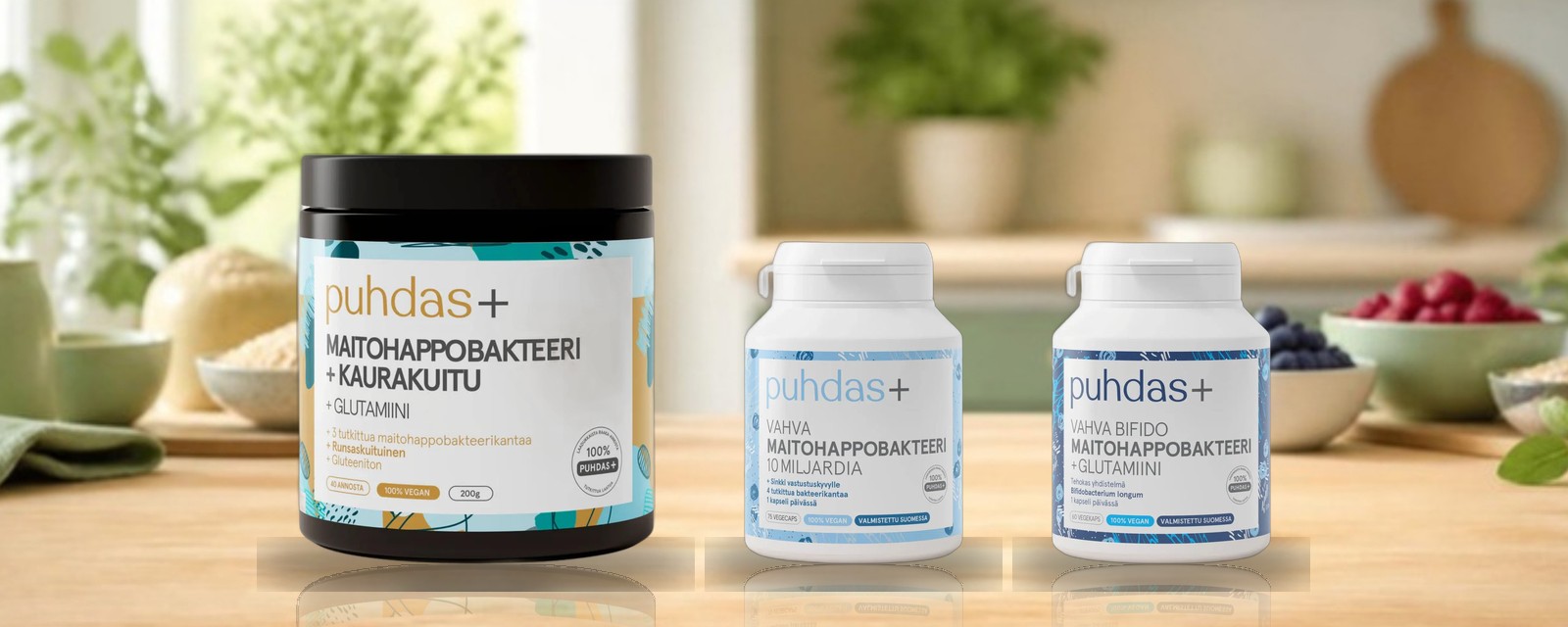 Puhdas+ lactic acid bacteria with oat fibre and glutamine, 10 billion and Strong Bifido