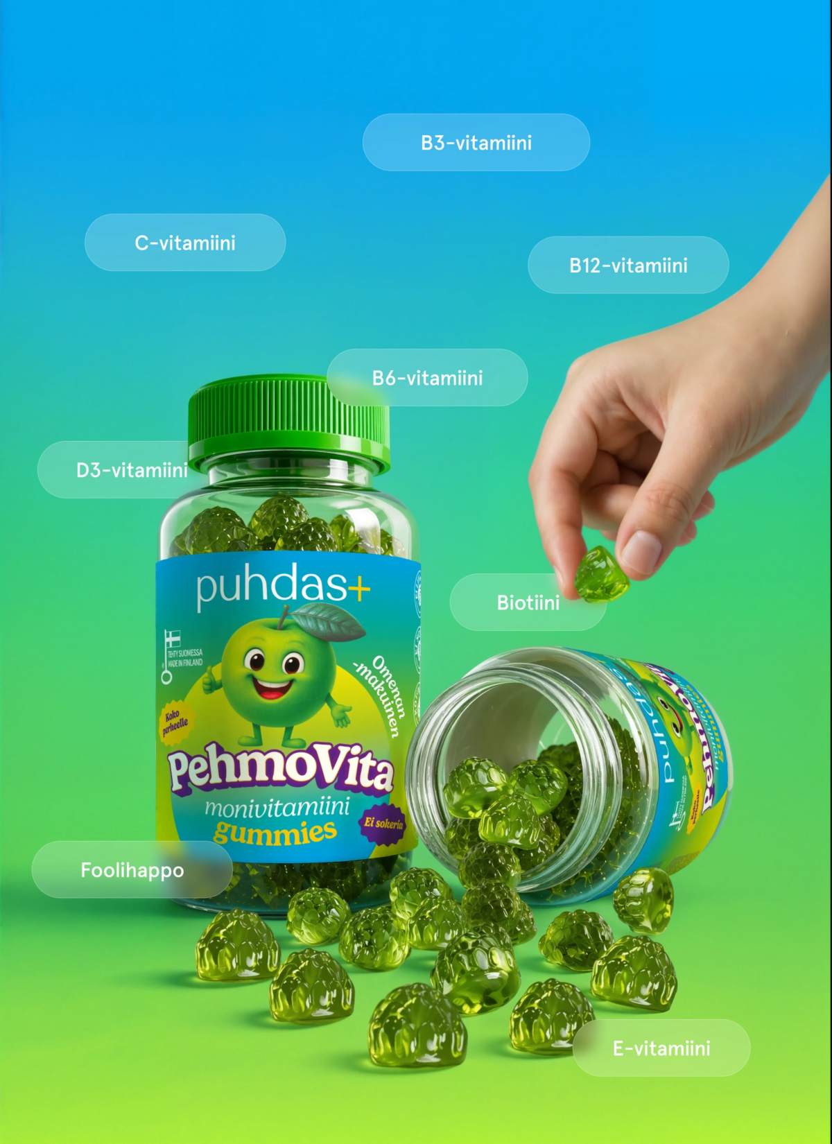 PehmoVita multivitamiini kummikommid õunamaitselised 225 g (75 tk)