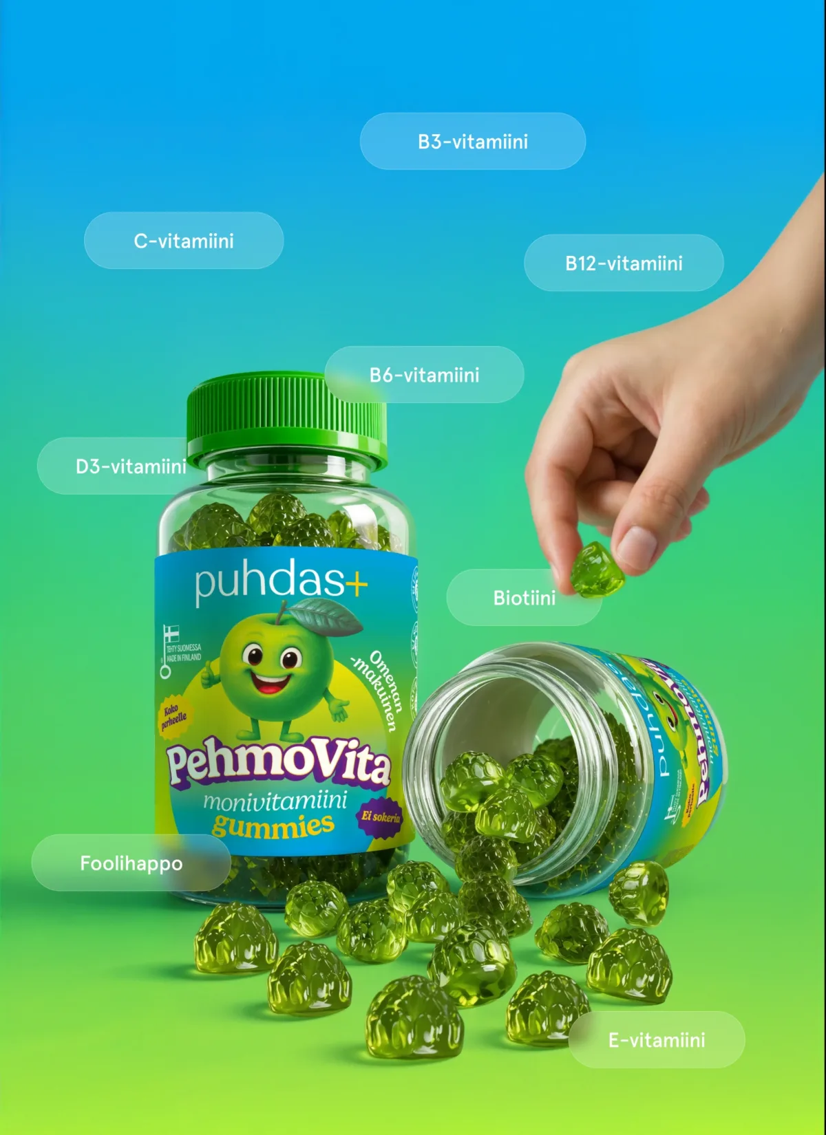 PehmoVita multivitamiini kummikommid õunamaitselised 225 g (75 tk)