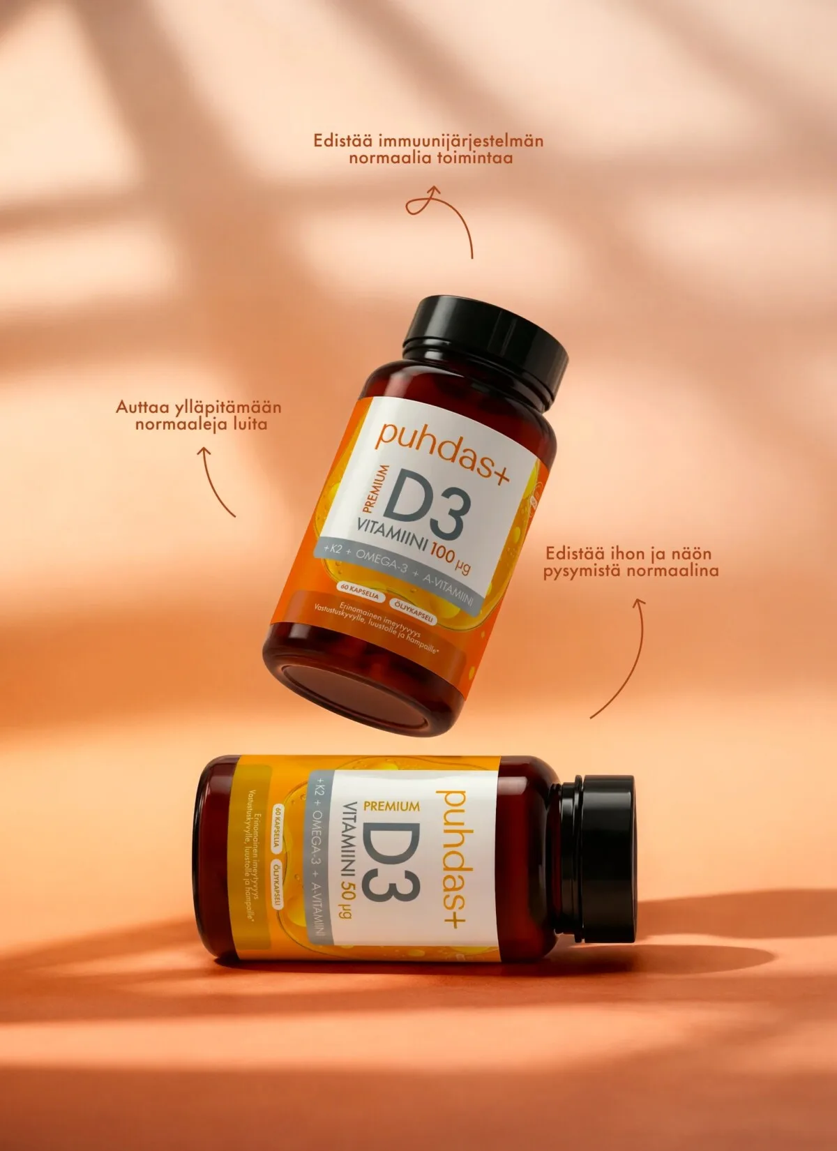 Premium D3-vitamiin 50 µg + K2 + Omega-3 + A-vitamiin 120 kapslit