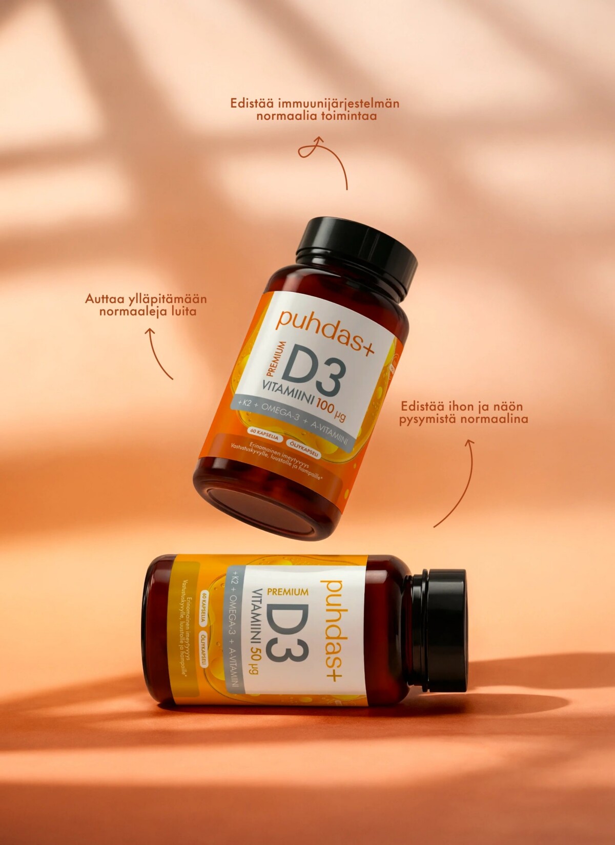 Premium D3-vitamiin 50 µg + K2 + Omega-3 + A-vitamiin 60 kapslit