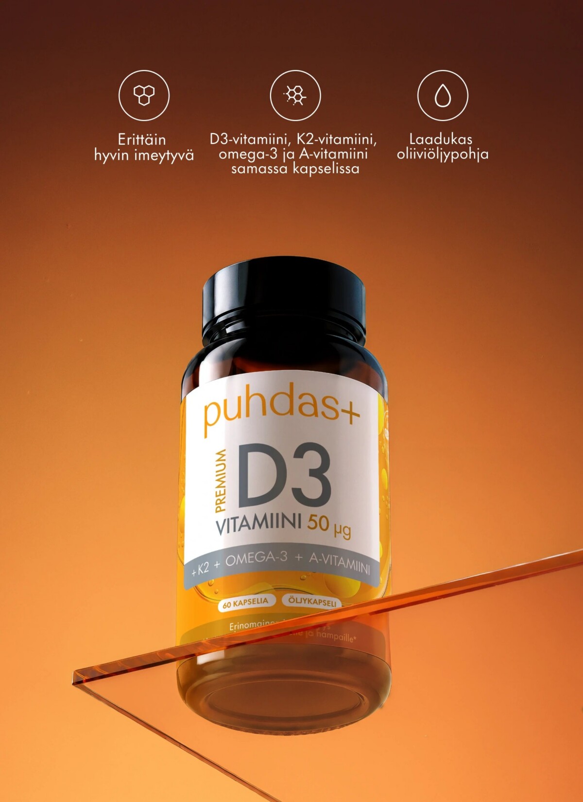 Premium D3-vitamiin 50 µg + K2 + Omega-3 + A-vitamiin 60 kapslit