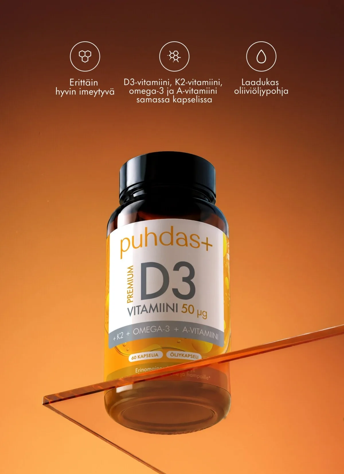 Premium D3-vitamiin 50 µg + K2 + Omega-3 + A-vitamiin 120 kapslit